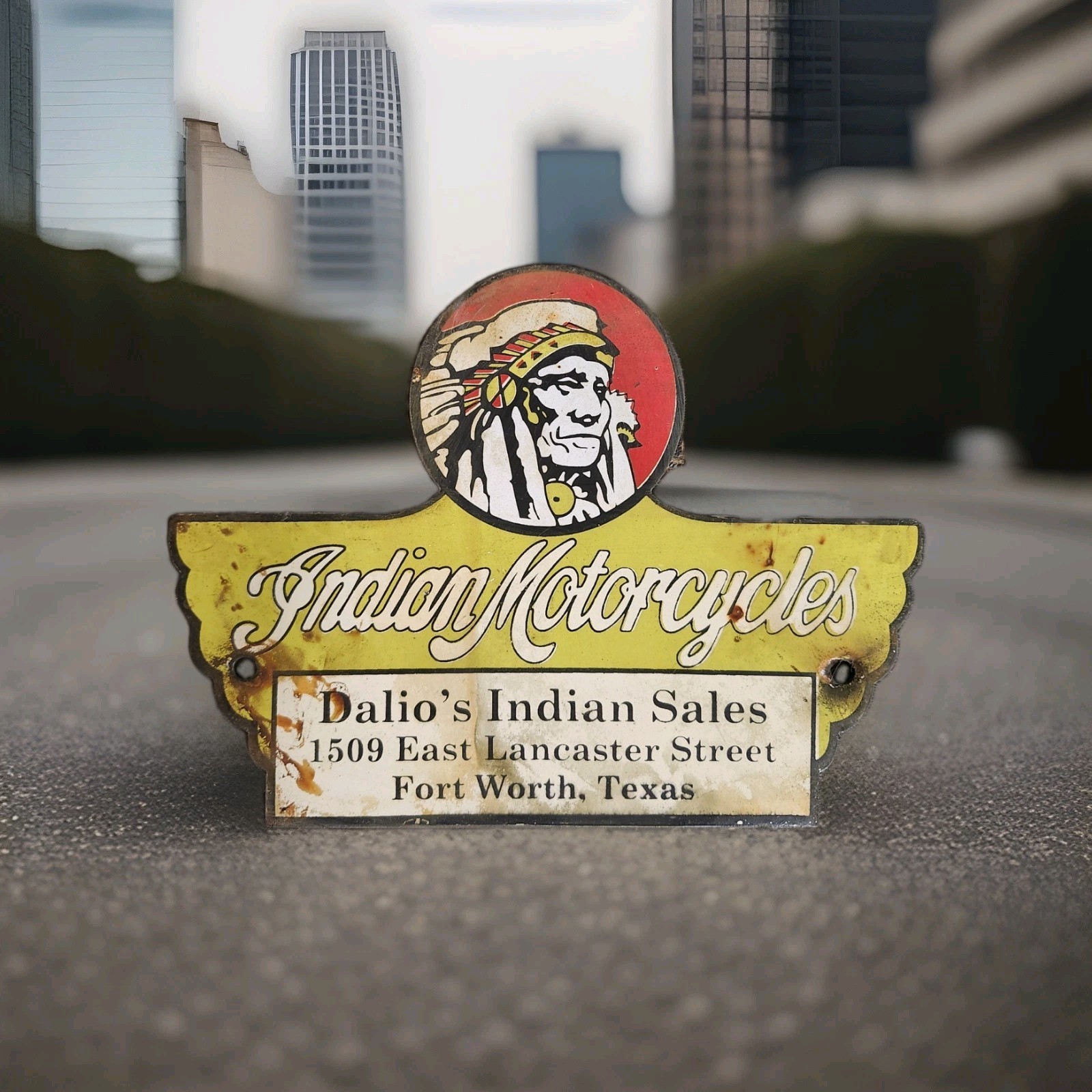 Vintage Indian Motorcycles Porcelain Sign Dalio\'s Sales Service Fort Worth Texas