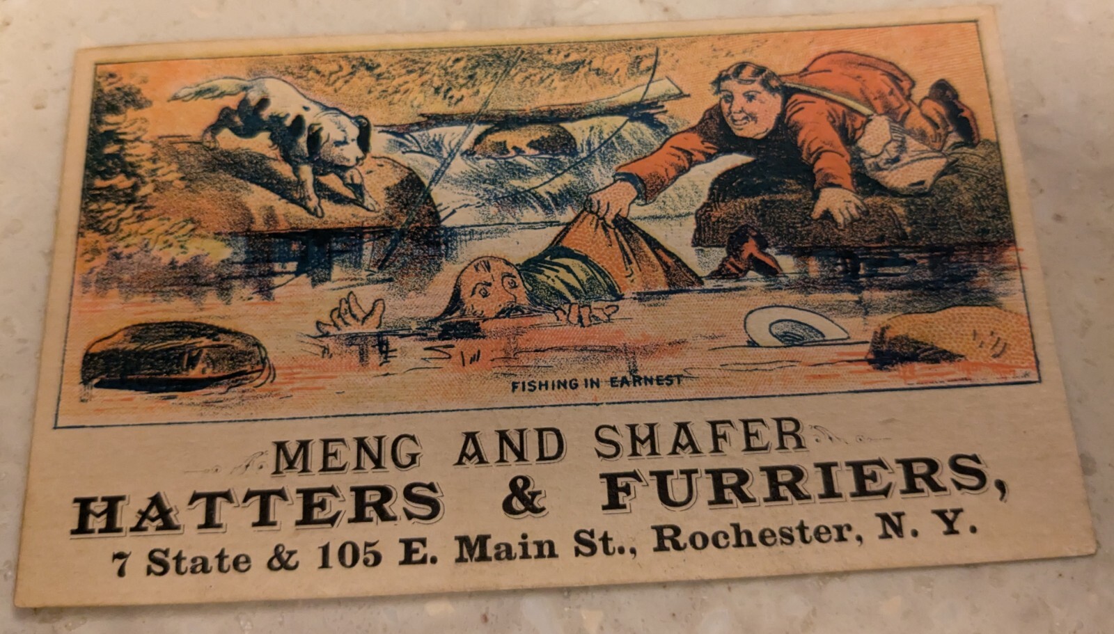 *SCARCE* Victorian Trade Card Meng & Shafer Hatters & Furriers Rochester NY