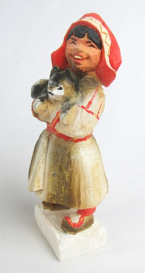 Vintage Henning Norway Carved Painted Wood Sami Girl Holding Puppy Dog Figurine