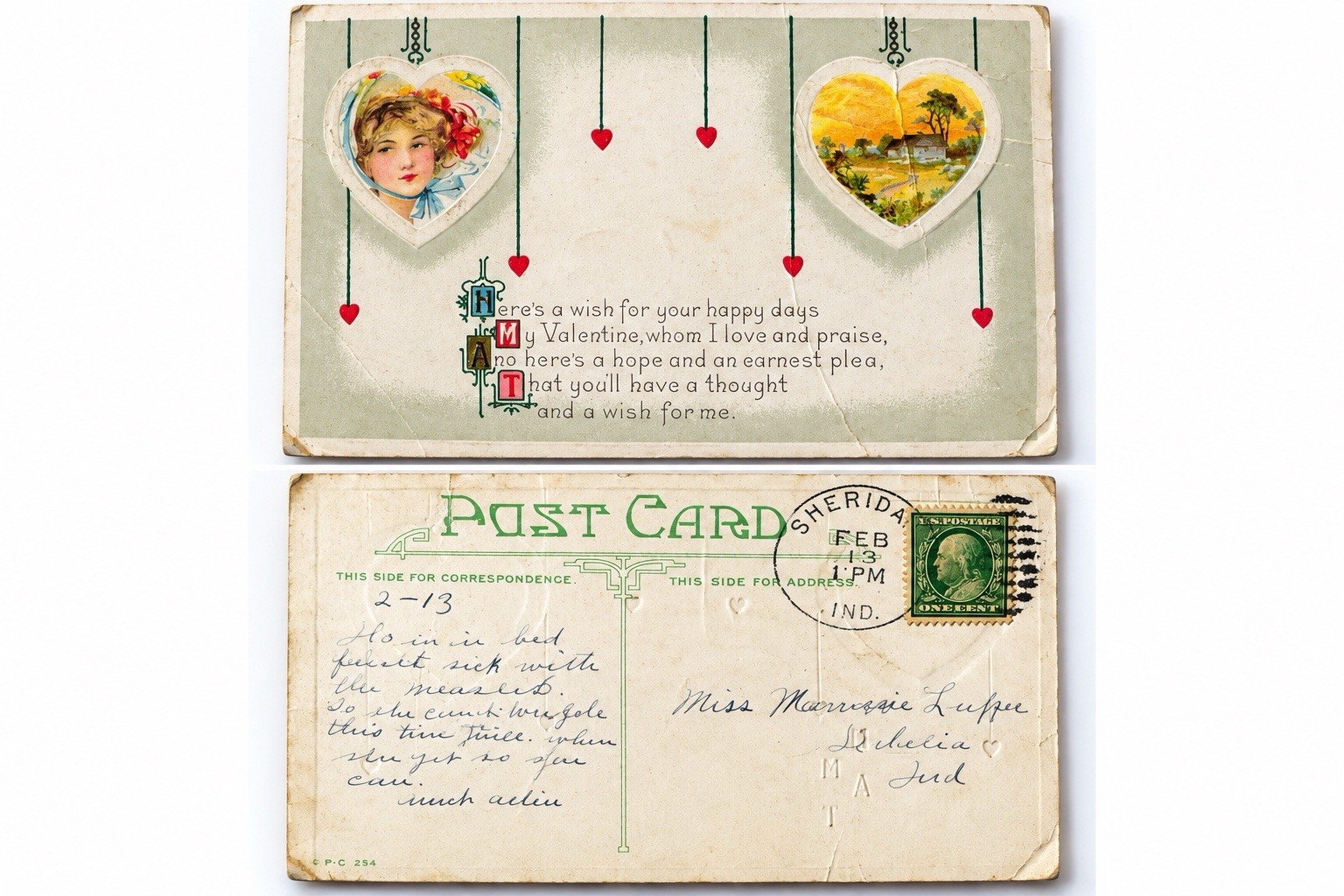 Antique 1910s Valentine Postcard Hearts Sweetheart Poem 1 Cent Stamp Postmarked