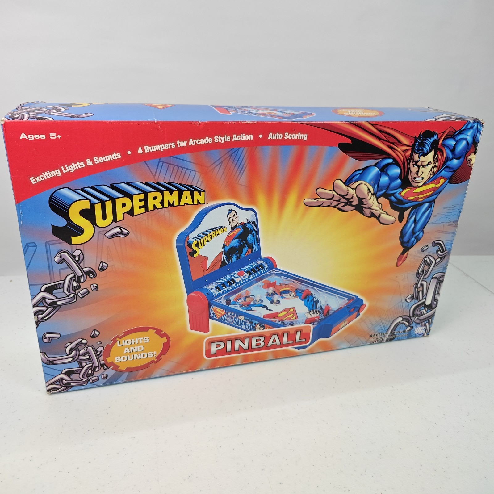 VTG Superman Pinball Machine Lights & Sounds Funrise DC Comics 2004 NEW OPEN BOX