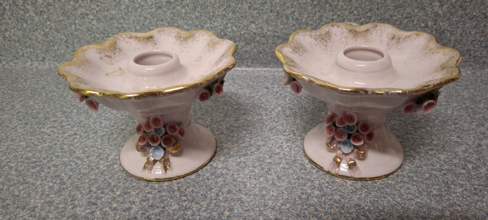 Vintage Pair Of Lefton Pink Porcelain Taper Candle Holders w/ Raised Flowers