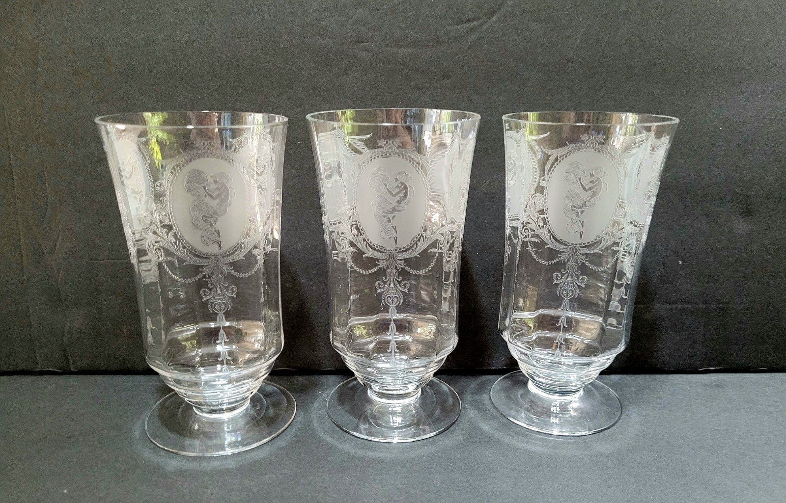3 Antique Nude Dancing Nymph Lady Etched Tumbler Glass Set Tiffin? C. 1920's HTF