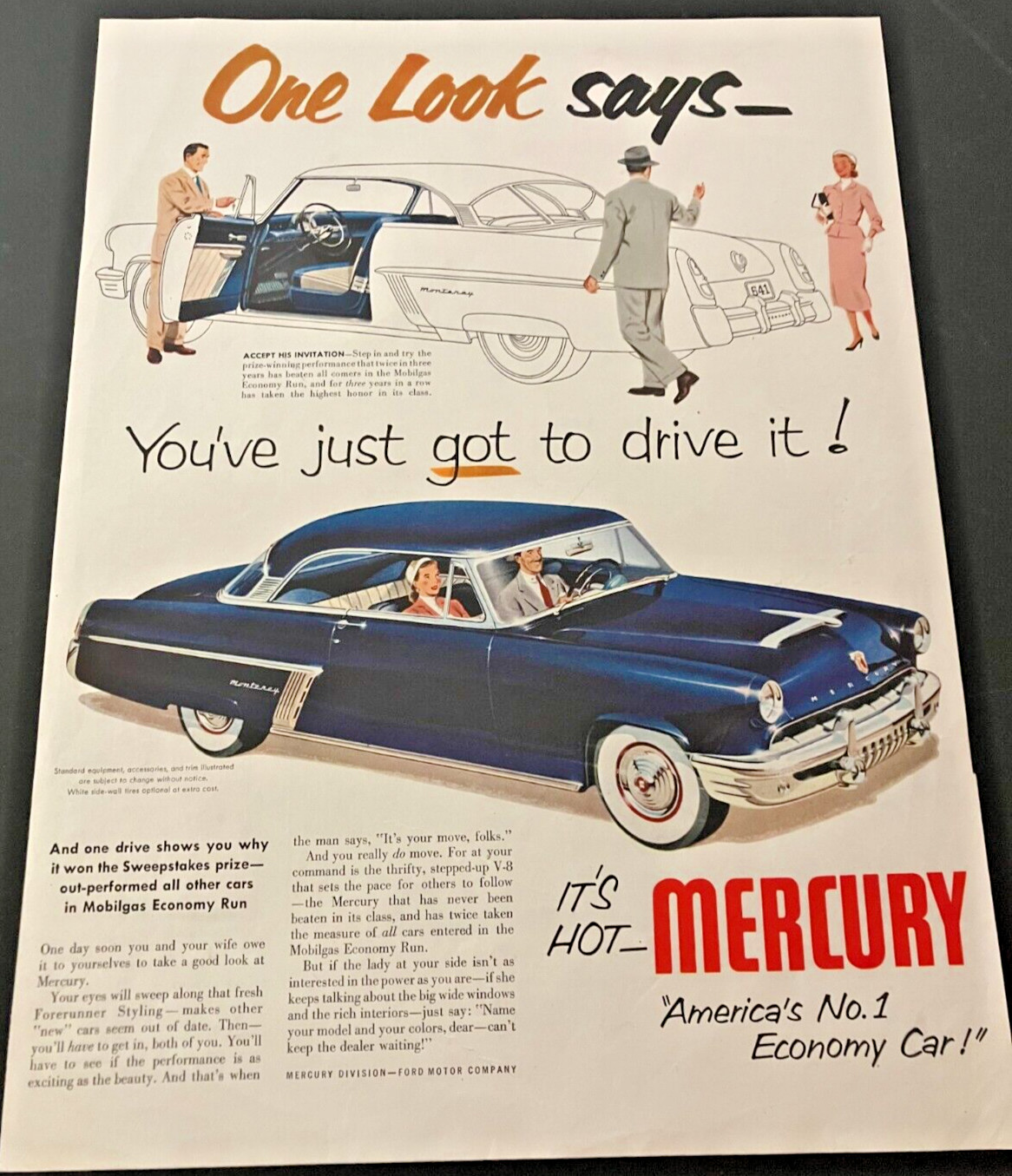 Blue 1952 Mercury Monterey - Vintage Original Color Car Print Ad / Wall Art