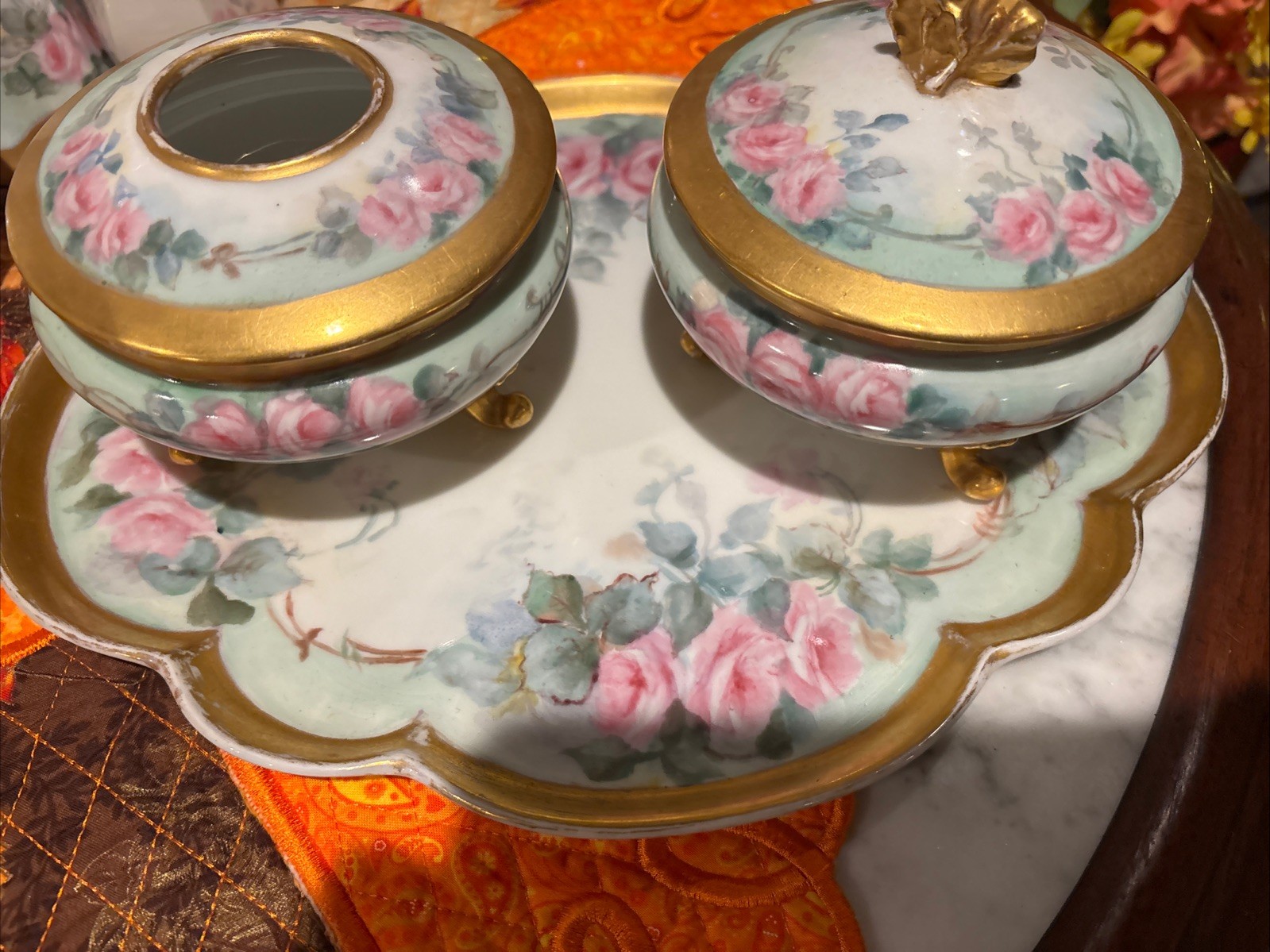 Antique French Hand Painted Limoges 5 Pc Vanity Dresser Set Roses. ArtistSigned