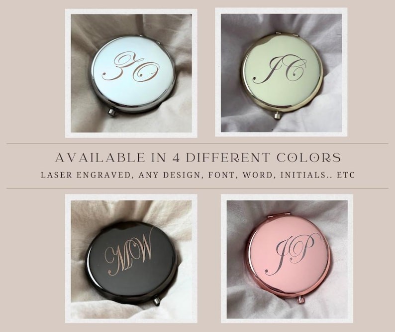 Personalized Laser Engraved Compact Mirror Custom Initials Name Design 4 Colors