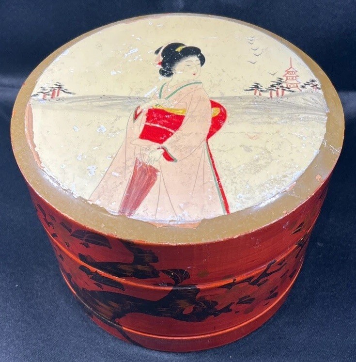 VTG ATQ Japanese Brown Red Lacquer Collar Box -Inside button cuff holder 5x6.75”