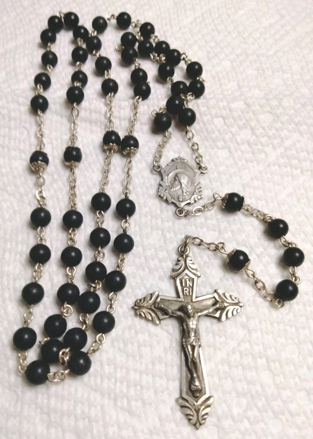Antique Sterling Silver & Ebony Bead Rosary Sacred Heart Of Jesus Center