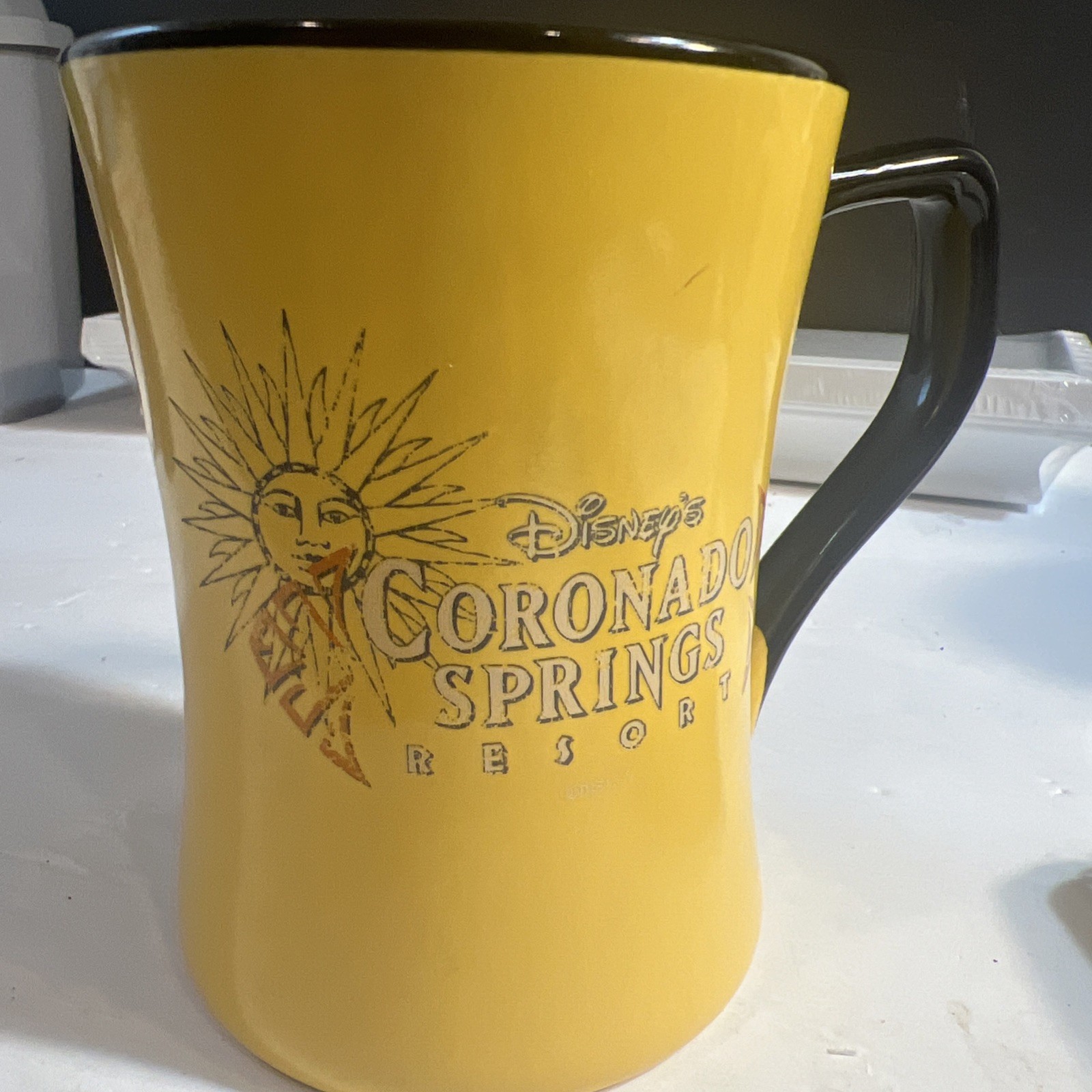 VTG Disney Cotonado Springs Resort Mug, Yellow Etched Sun Face Coffee Cup-RARE