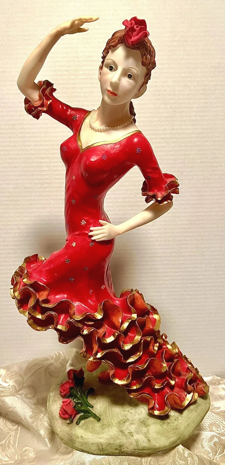 Beautiful Vintage Large Flamenco Lady in Red Ruffled Dress Resin Sculpture