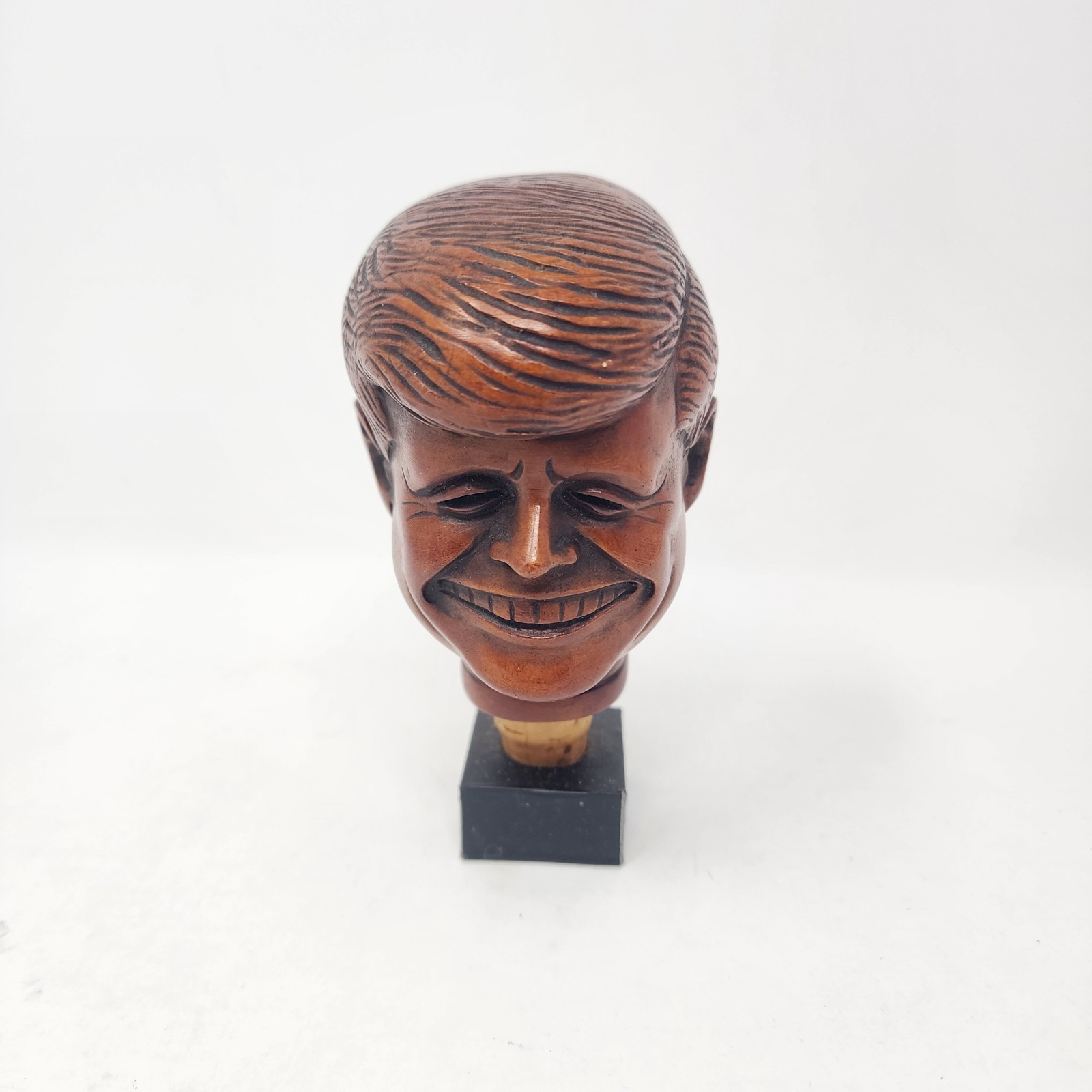 Vintage JF Kennedy Achatit German Made Carved Wooden  Bottle Topper Cork Bottom 