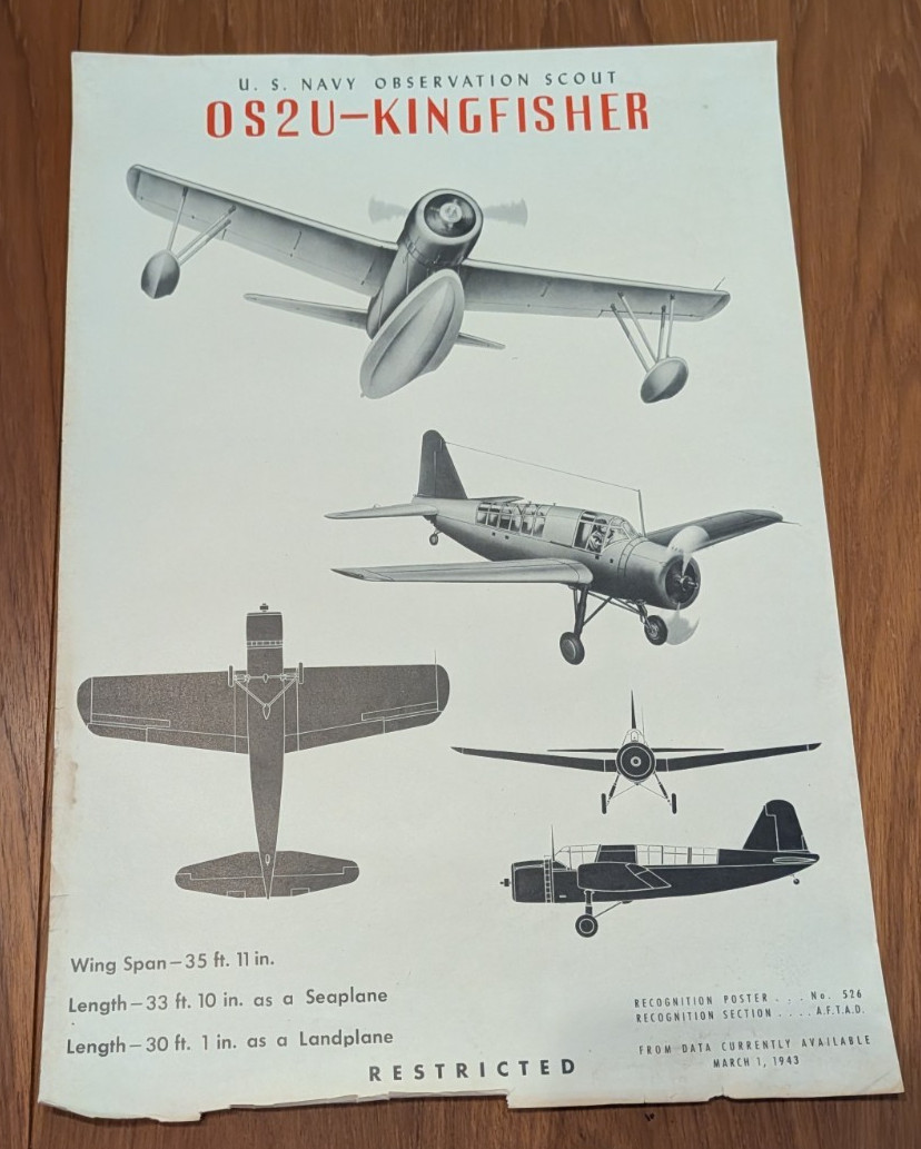 OS2U Kingfisher US Navy Observation Scout Recognition Poster No 526 March 1943
