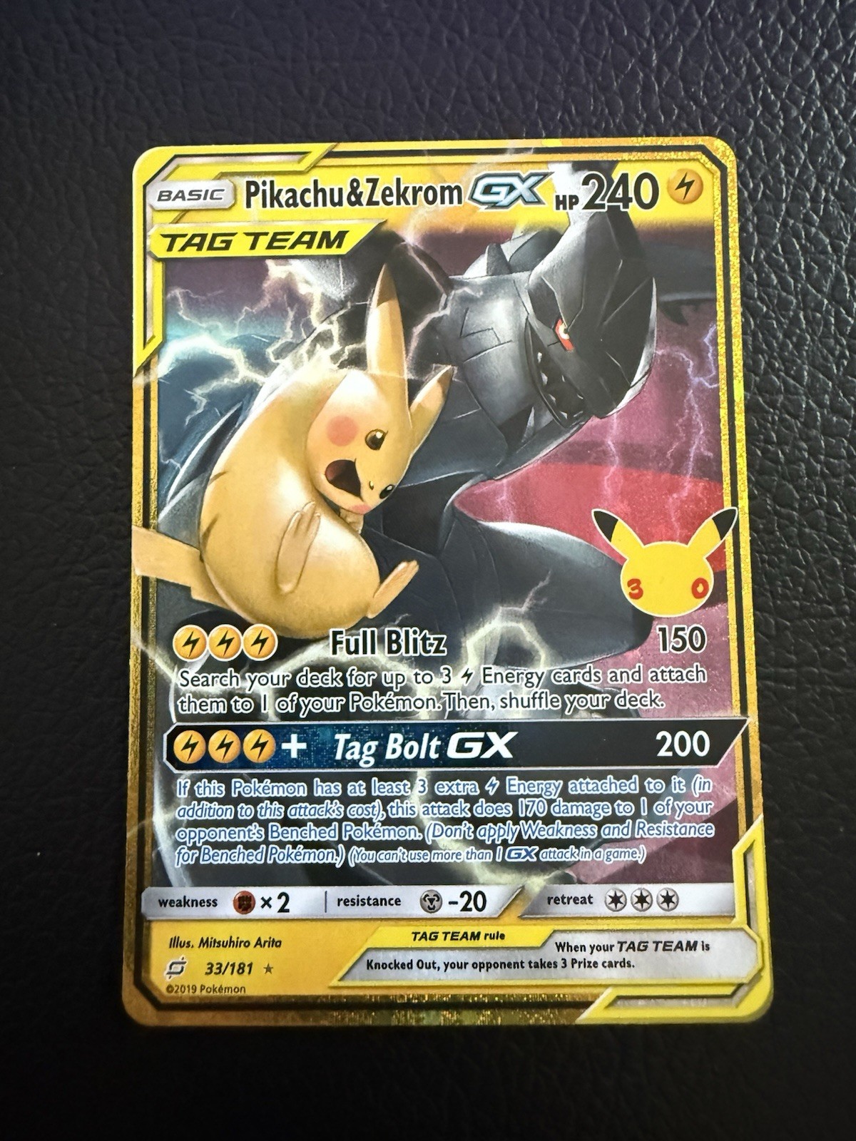 Pokémon TCG Pikachu & Zekrom GX #33 30th Anniversary Celebration Mint Condition