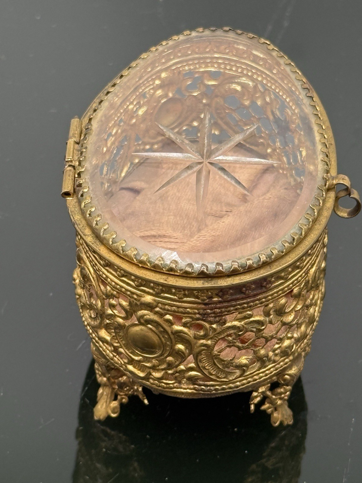 Vintage Royal Ornate Ormolu Filigree Gold Tone Beveled Glass Jewelry Trinket Box