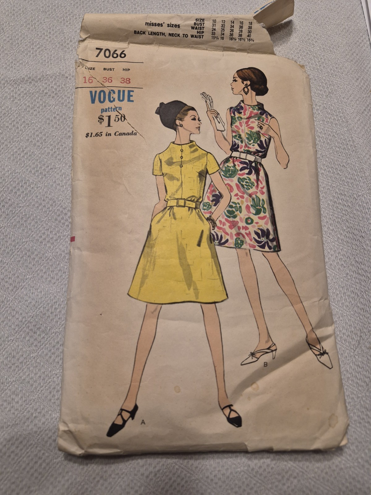 Vtg 60s Vogue 7066 Misses Blouson Dress Pattern Size 16 Bust 36 UNCUT New FF