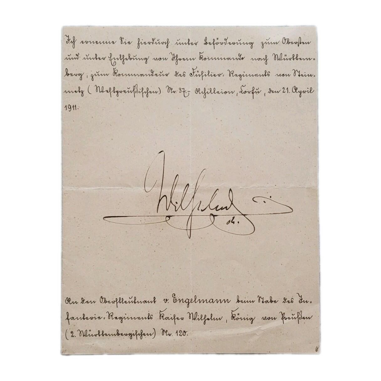 Kaiser Wilhelm II Signed Royal Military Commission Document King of Wurttemberg