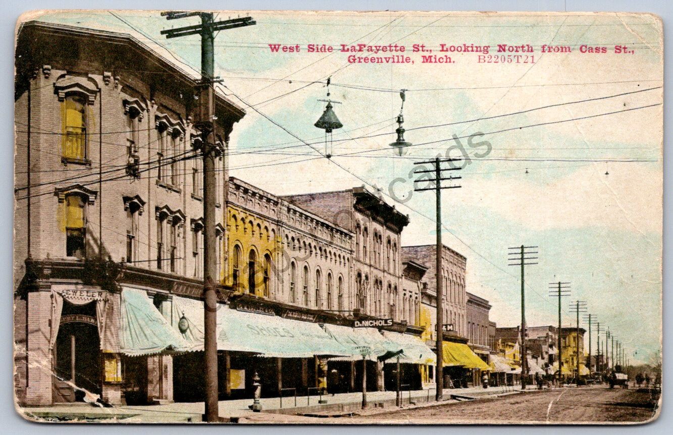 K51/ Greenville Michigan Postcard c1910 Lafayette St Stores West 293