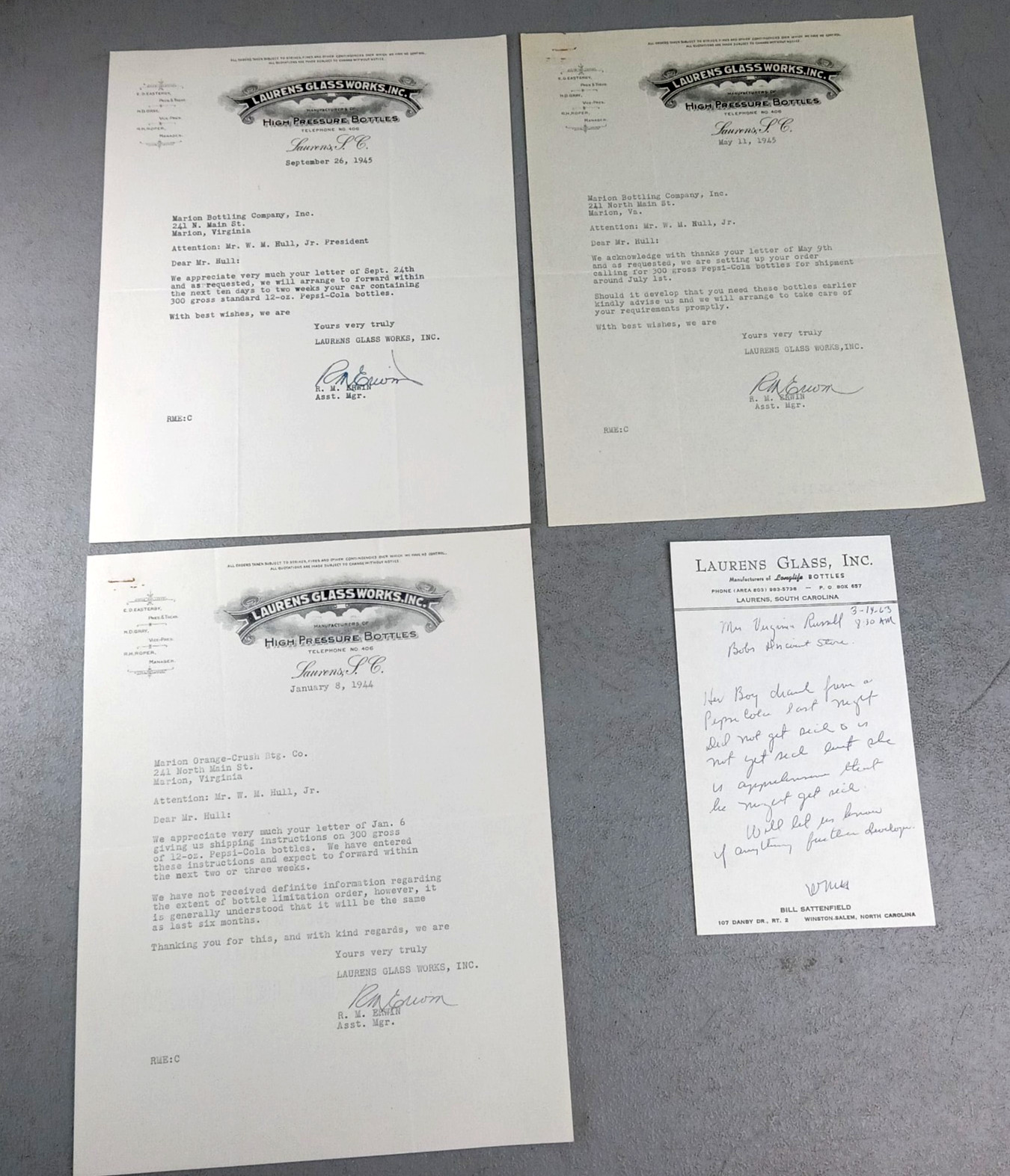 1944-1945 Laurens Glass Works Letters Marion Bottling Co VA Pepsi Orange Crush