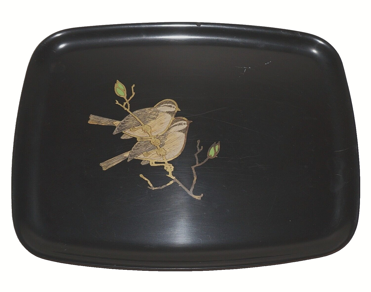 COUROC of California Resin & Inlayed Nuthatch Birds Tray 12.5 x 9.5 - Dark Brown