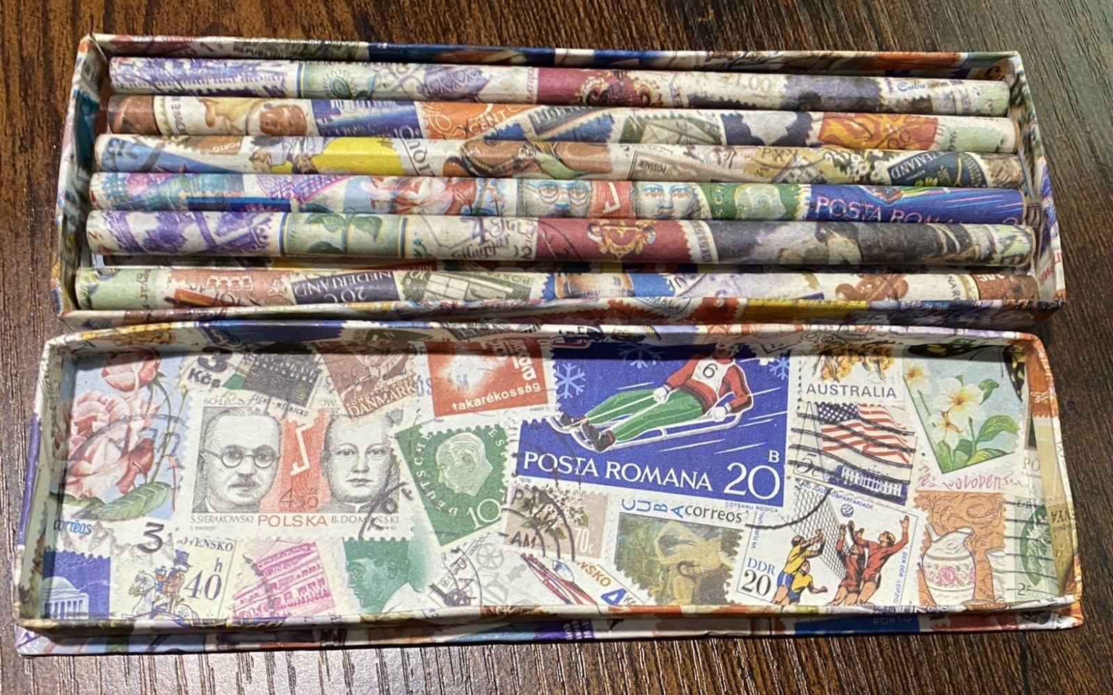 Vintage Two’s Company Postage Stamp Pencil Set 6 Unused Pencils in Original Box
