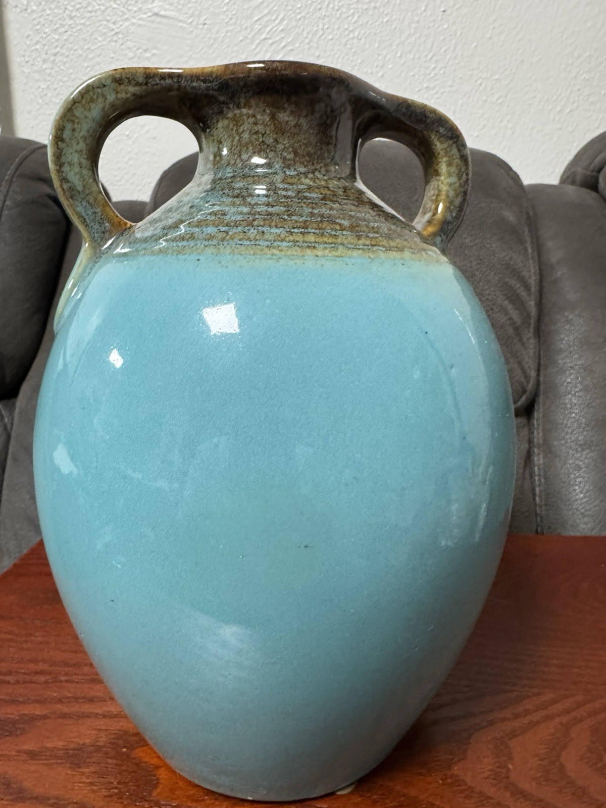 Vintage Amphora Vase Teal Blue and Brown Double Handle Jug Ceramic 10\