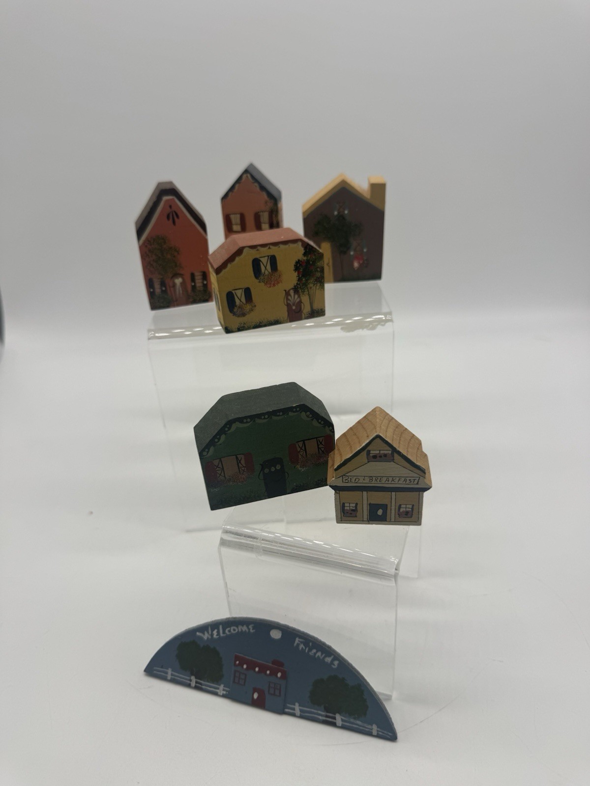 Wooden Town Village Magnets Joan Lowder Originals Hand Painted Set of 7 Vintage