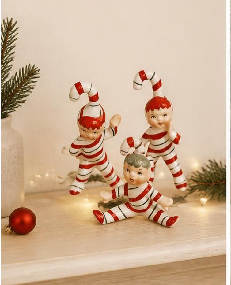Vintage Collectible Signed Geo. Z. Lefton Candy Cane Christmas Elves figurines