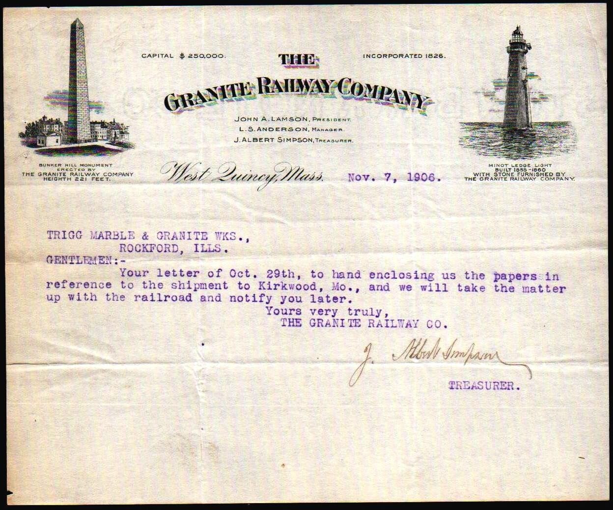 1906 West Quincy Ma - Granite Railway Co - Rare History Letter Head Bill