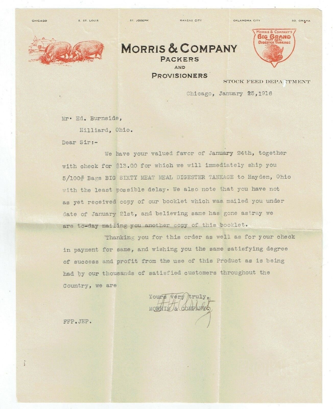 1916 MORRIS & COMPANY CHICAGO HOG PIG DIGESTER TANKAGE ENVELOPE & LETTERHEAD