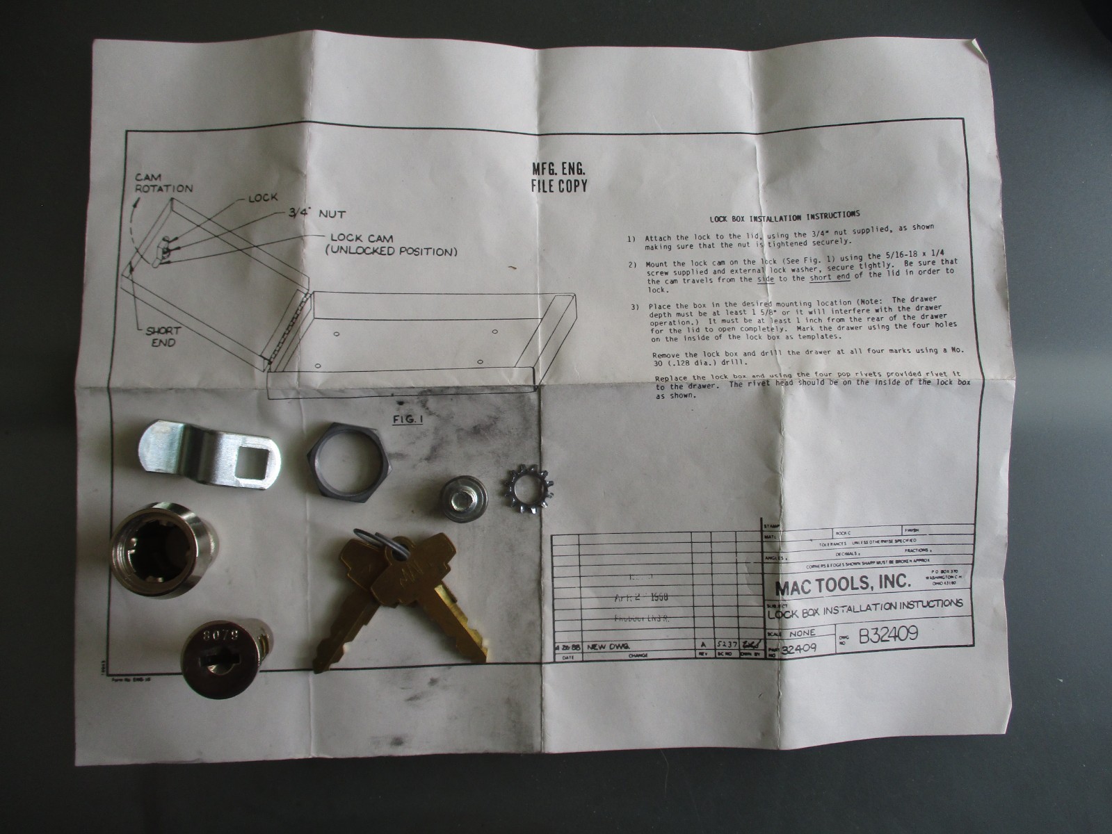 Mac Tool Box ORIGINAL 1968 Replacement Lock Cylinder, Keys, Instructions Matched