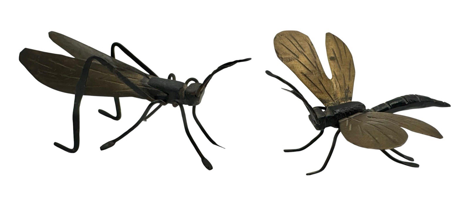 Set of 2 Vintage Japanese Okimono Insect Bug Grasshopper Dragonfly Mixed Metal