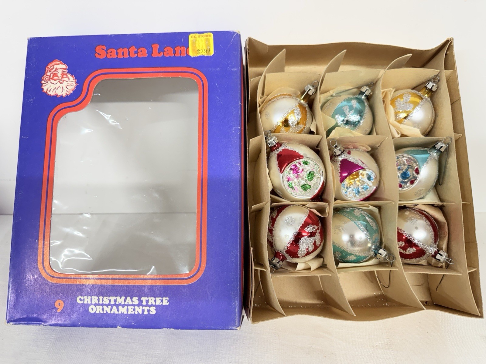 Vintage Poland Christmas Ornaments Glass Santa Land Box Of 9 Indent Teardrop Exc