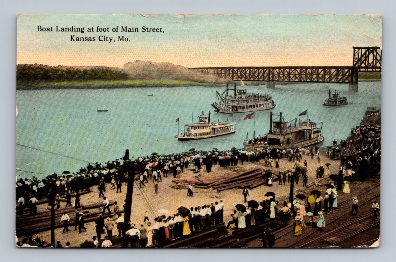 Kansas City MO Boat Landing Main Street Steamboats River Antique Postcard