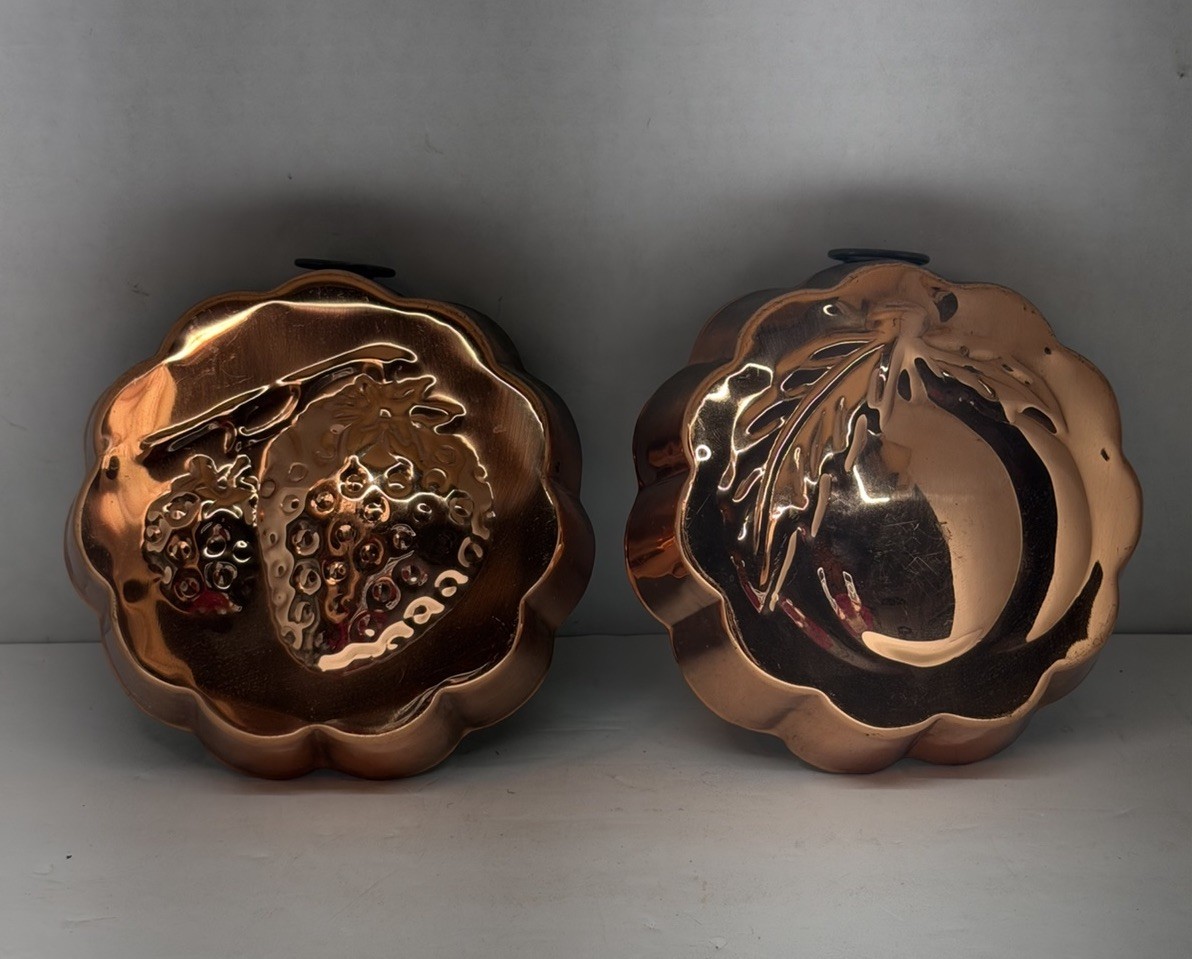 Vintage Copper Tone Strawberry & Cherry Metal Fruit Molds Wall Decor Korea