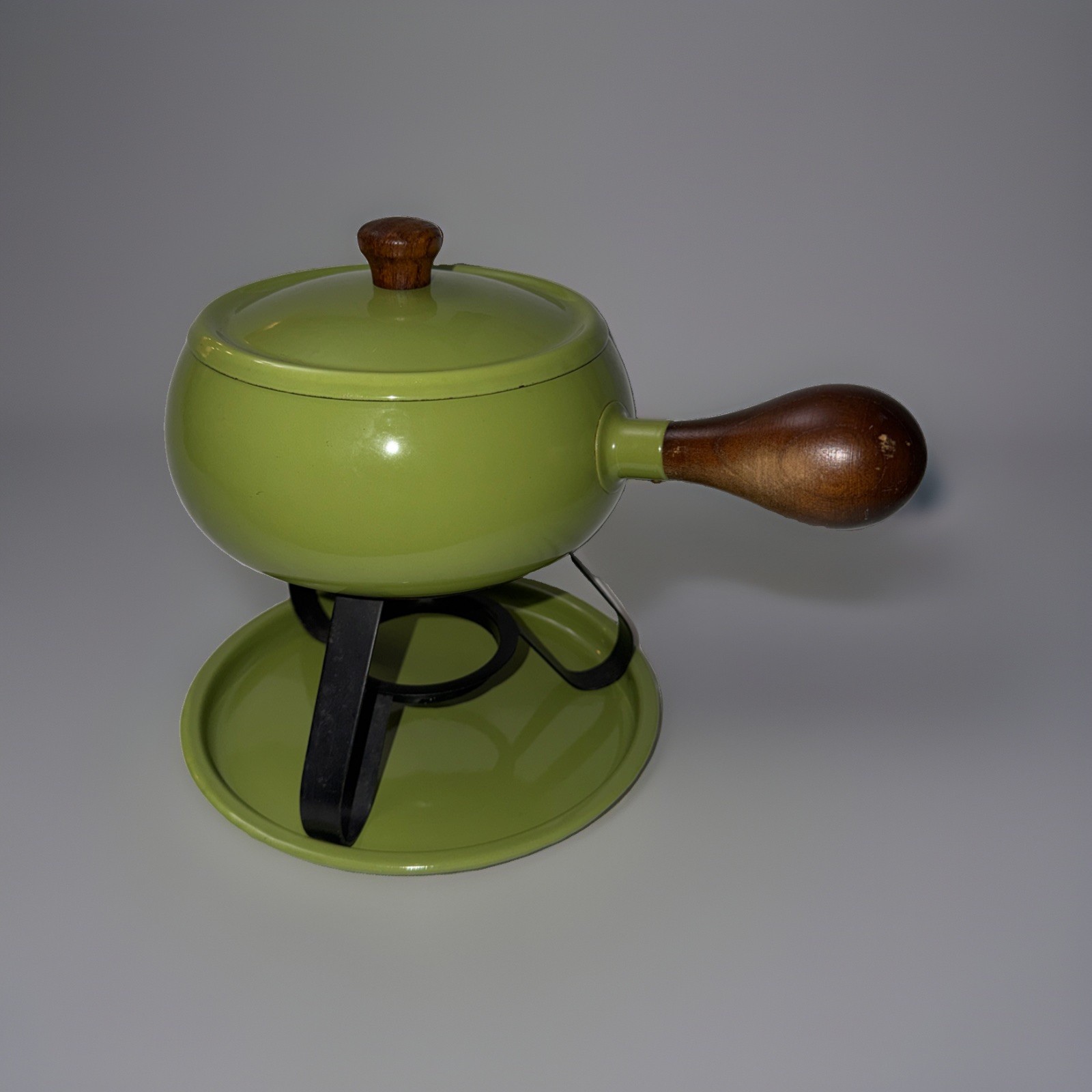 Vintage MCM Avocado Fondue Melting Cooking Pot Green w/ Wood Handle