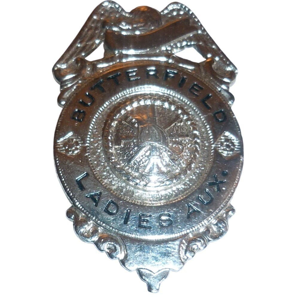 Vintage Butterfield Fire Department Ladies Auxiliary Pin Silver Tone Badge