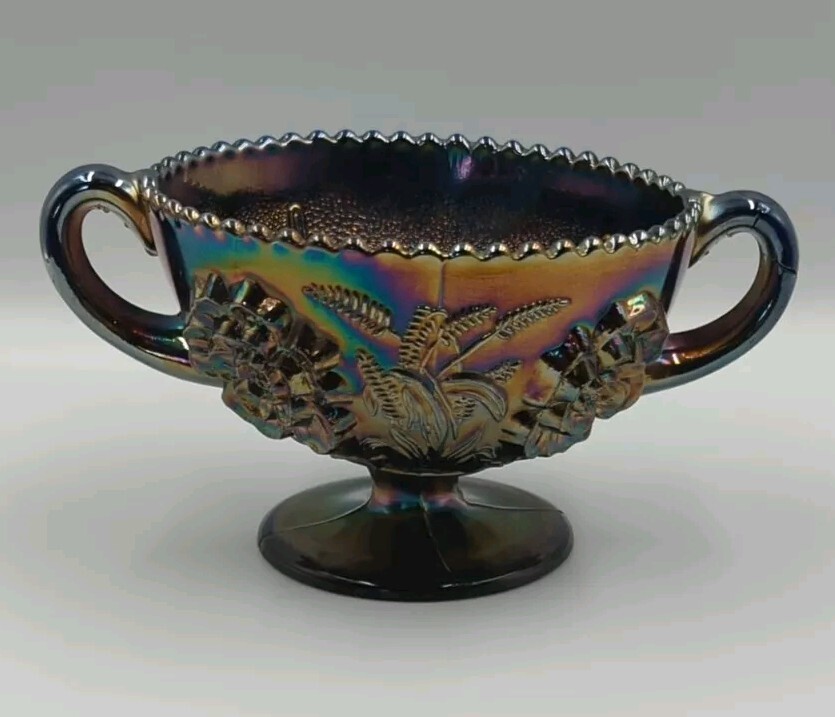Antique Dugan Cobalt Blue Carnival Glass Floral And Wheat Handled Footed Bowl