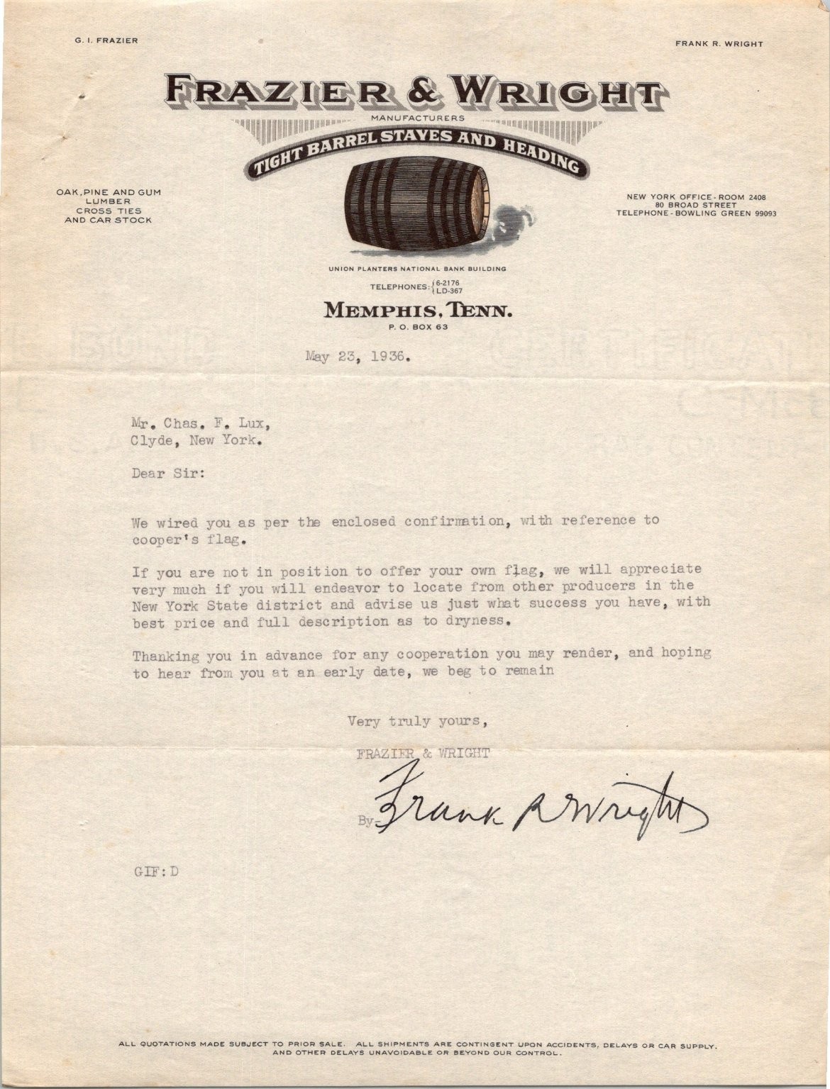 1936 Frazier & Wright Letter Memphis Tenn. Barrel Staves Cooperage NY