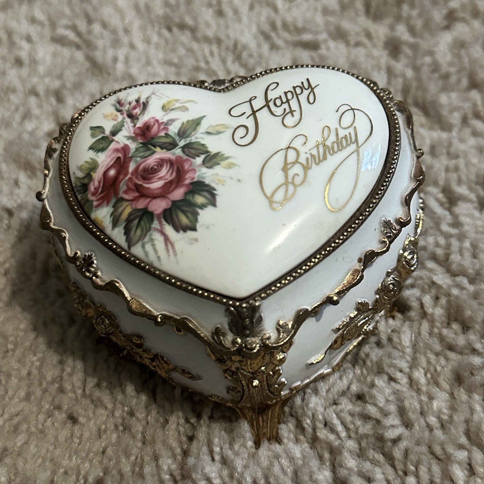 Vintage heart shaped musical trinket box “happy birthday”