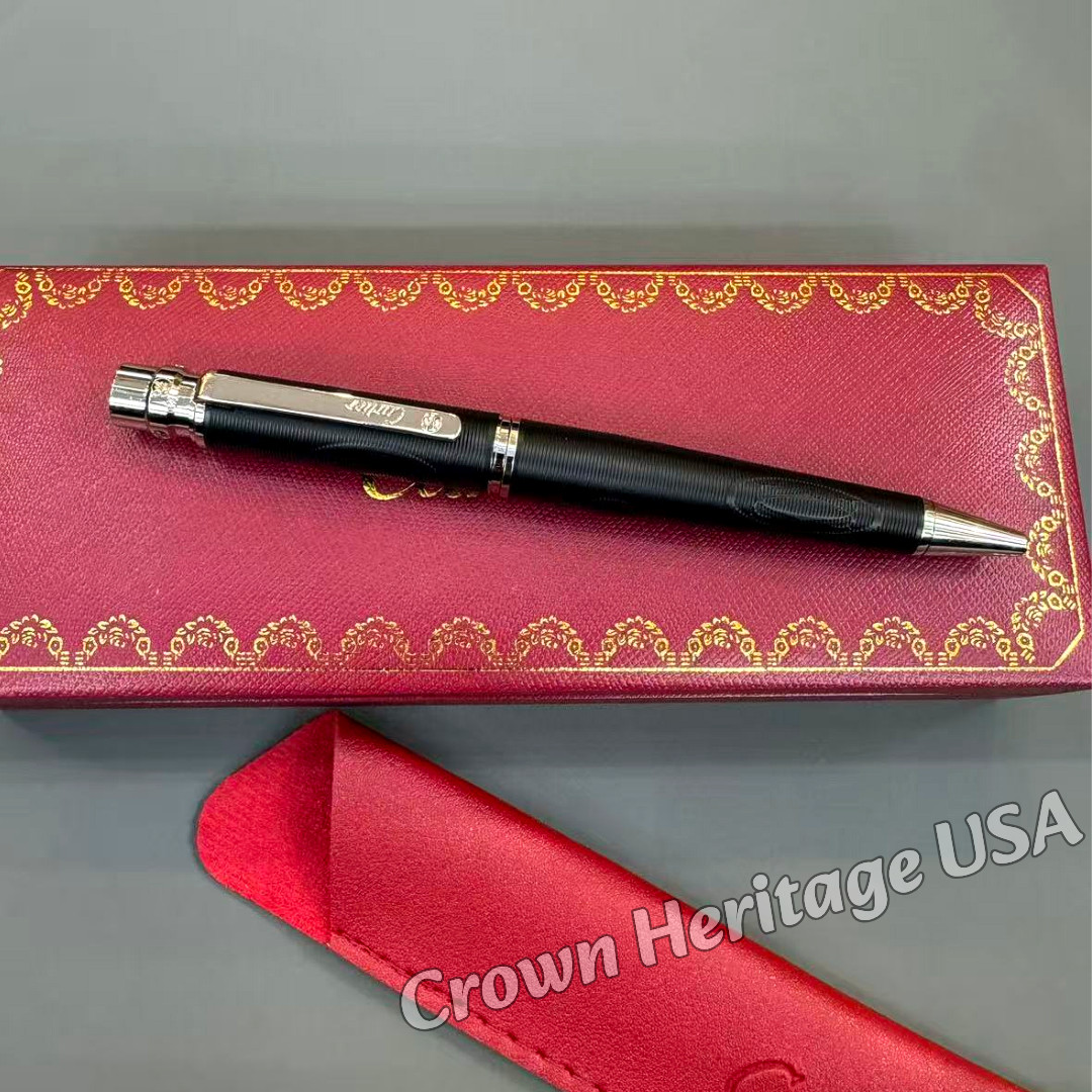 CARTIER Santos Ballpoint Pen Black Textured Finish Silver Tone w/ Box & Refill