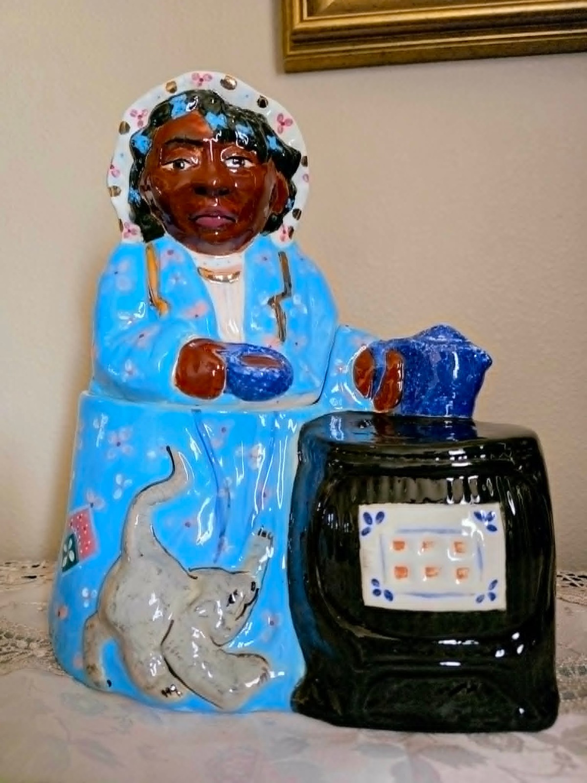 HTF Cookstove Woman with her Cat 1990s Signed Rick Wisecarver Cookie Jar