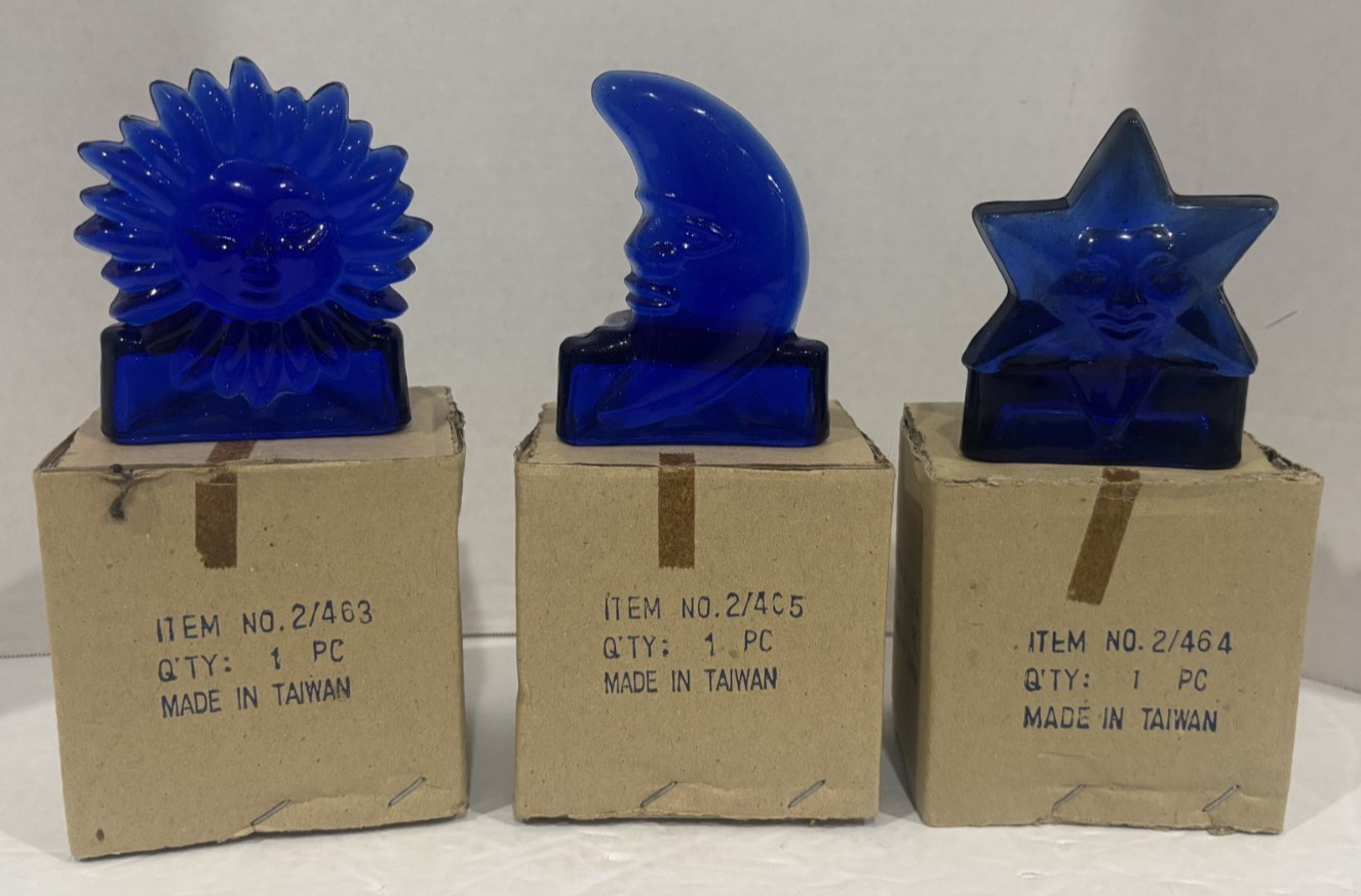 VTG 90\'s Cobalt Blue Glass 3pc CELESTIAL CANDLE HOLDER SET-Sun Moon Star NIB/NOS