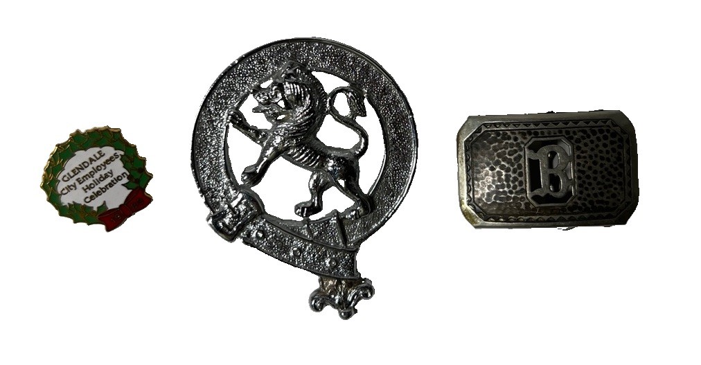Vintage Scottish Badge Lot Lion Clan Crest Monogram Belt Buckle Glendale Pin
