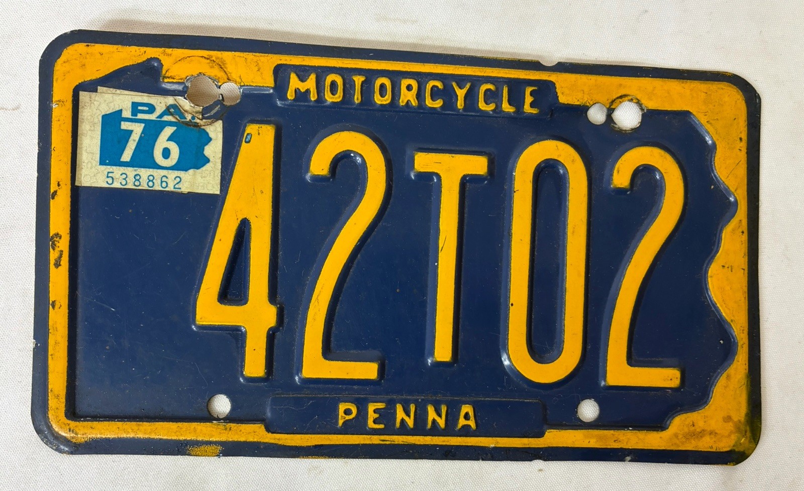 Vintage Pennsylvania Motorcycle License - Blue/Yellow - 1976 Tag PENNA #42T02