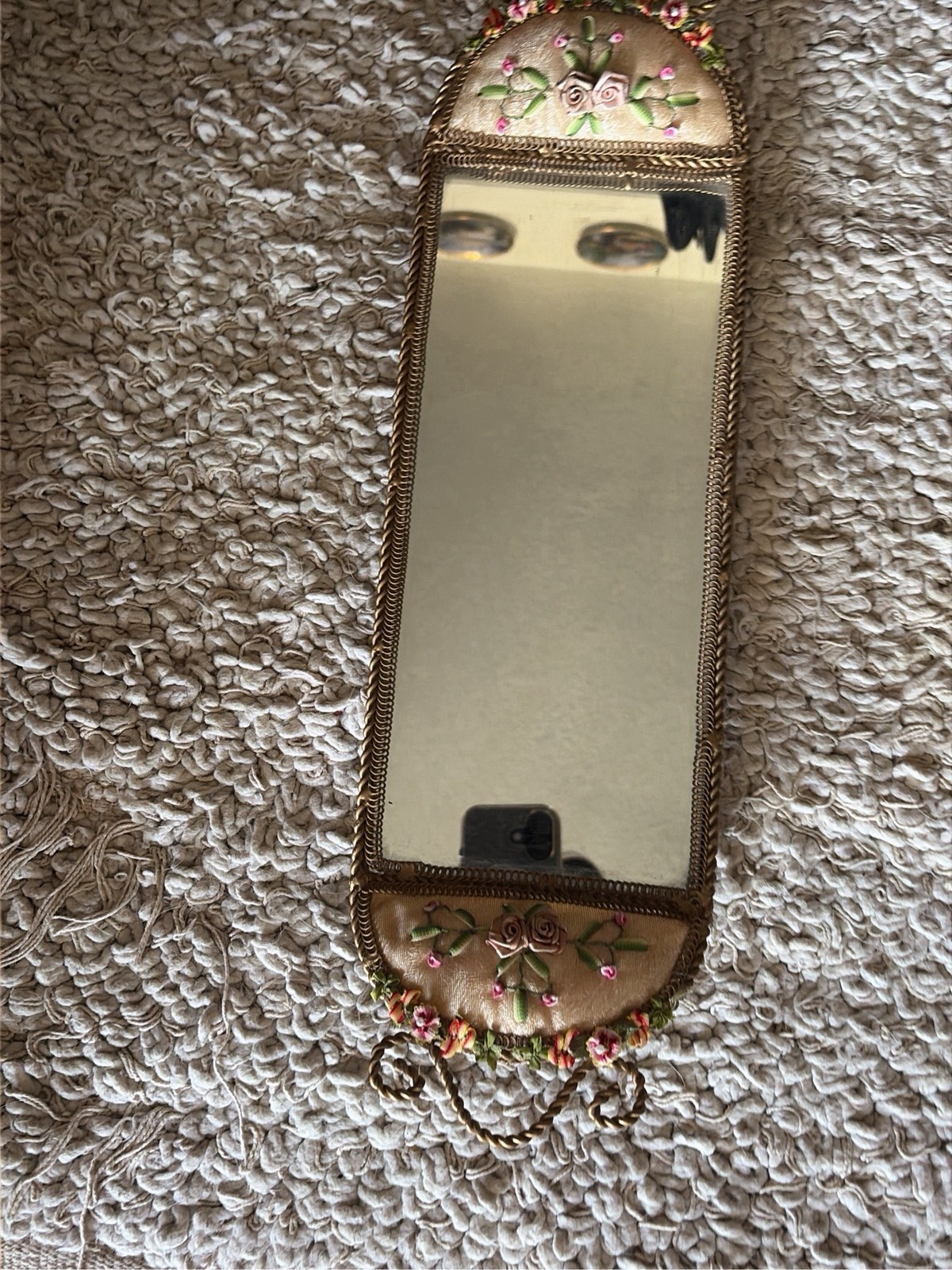 Ornate Vintage Brass Gold Floral Birds Filigree Oval Mirror Vanity Makeup Tray