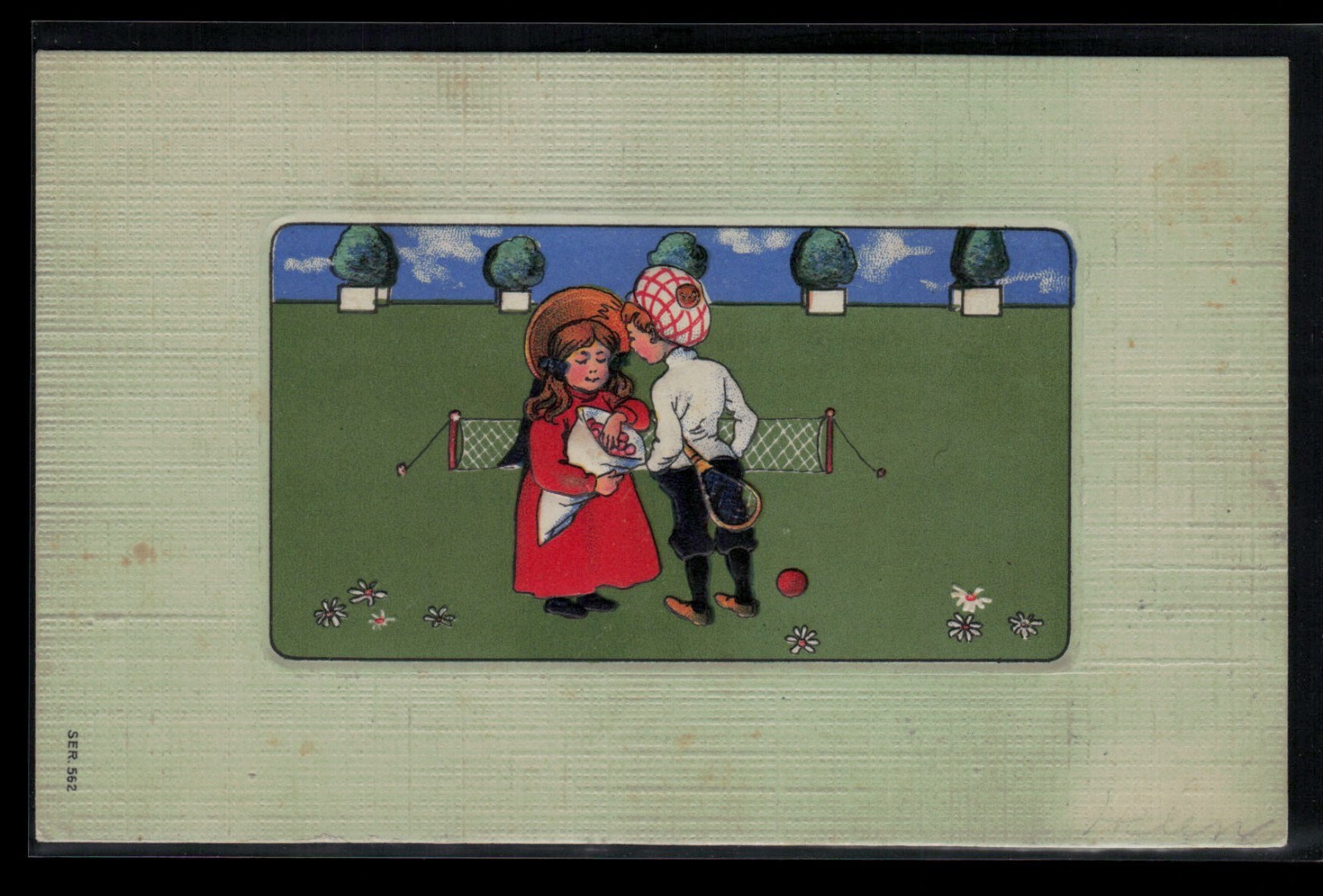 Vintage 1907 Sports Embossed Greetings Postcard Boy & Girl on Tennis Court