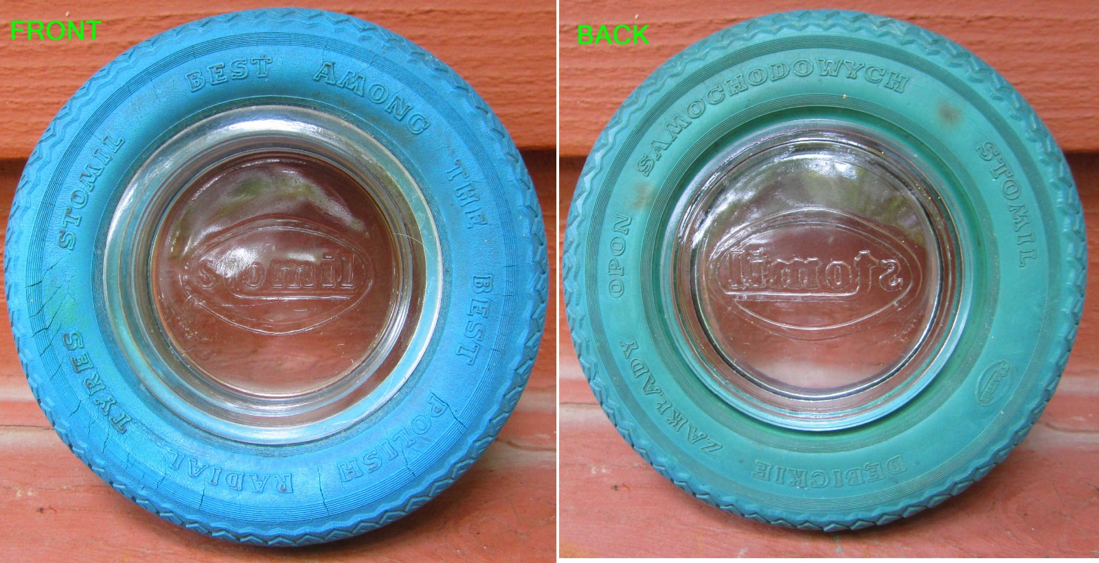 VINTAGE R-A-R-E STOMIL POLISH TIRE TYRE ASHTRAY ASH TRAY - BLUE/GREEN RUBBER