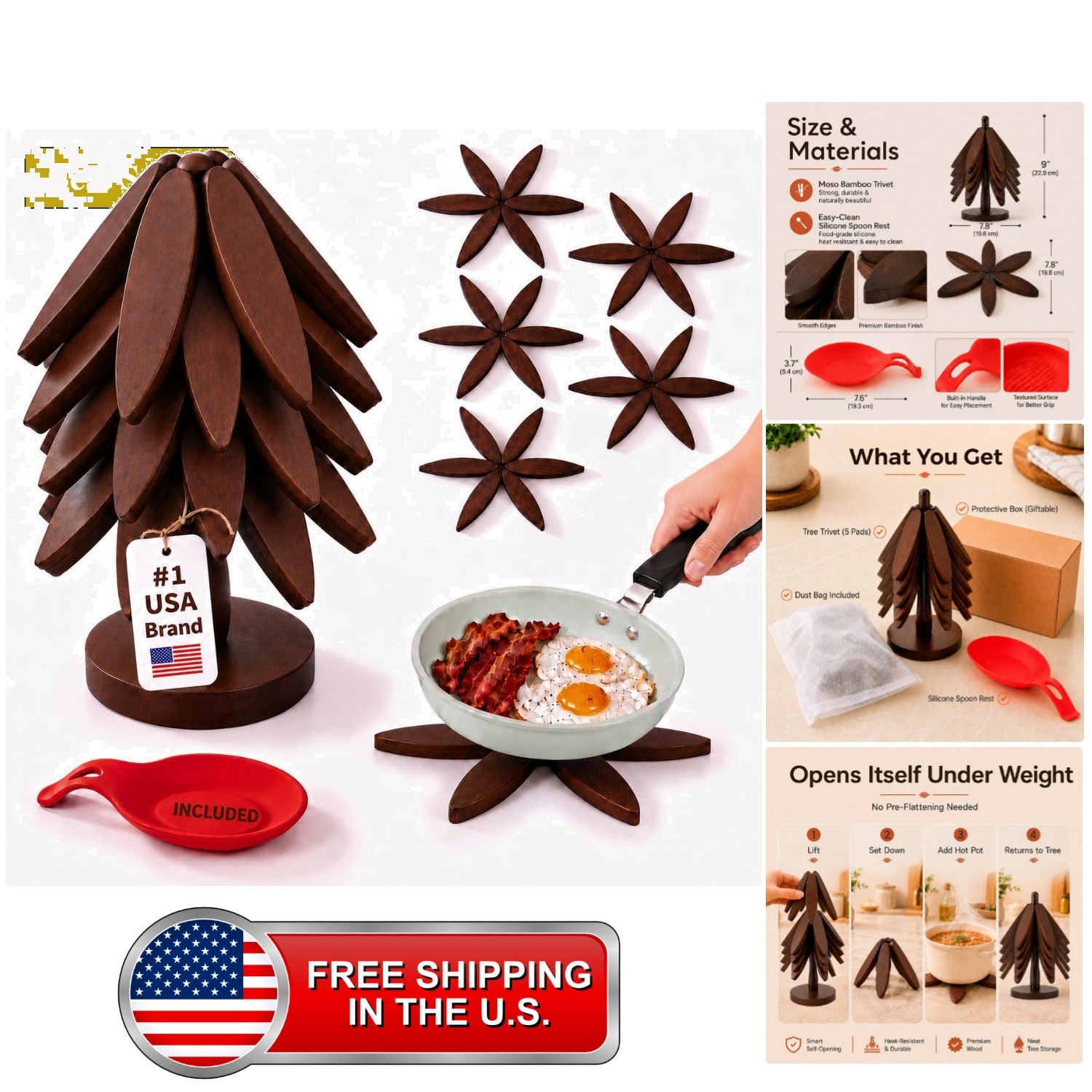 Wooden Trivets for Hot Dishes,5-Pads,Silicone Spoon Holder Included Wooden Trivets for Hot Dishes,5-Pads,Silicone Spoon Holder Included