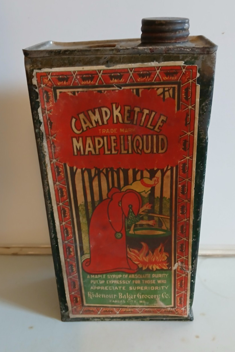 OLD ANTIQUE VINTAGE MAPLE SYRUP TIN CAMP KETTLE KANSAS CITY MO. WITCH FOREST AD