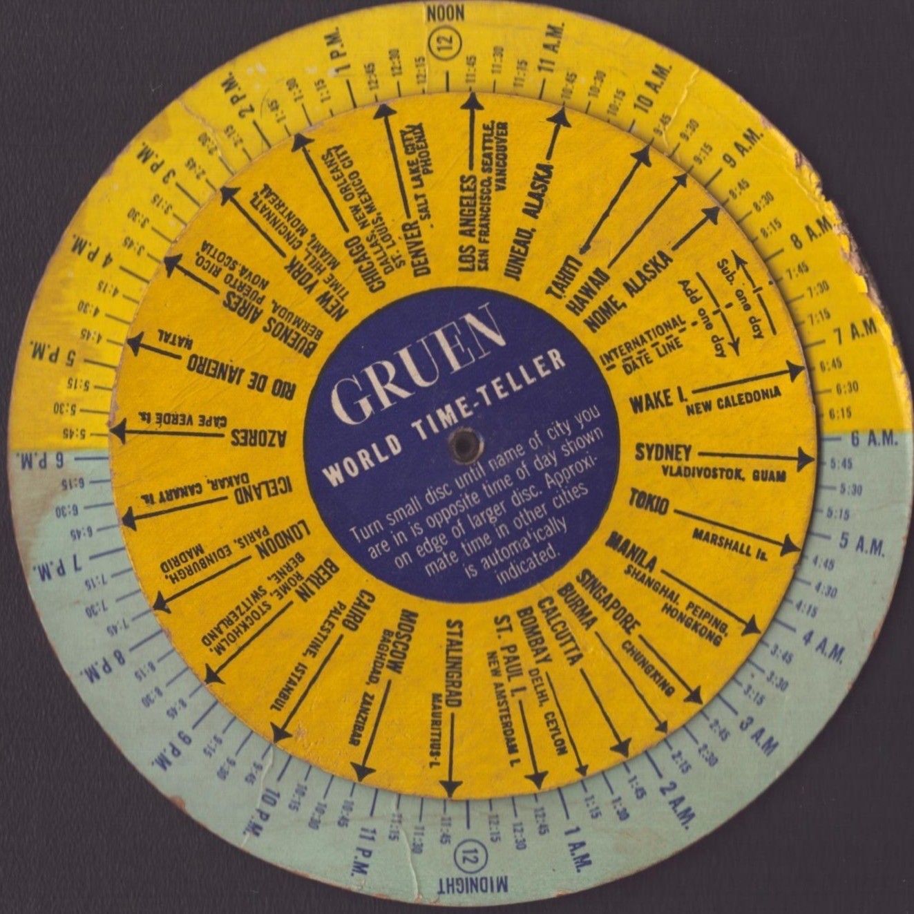 Vintage Gruen World Time-Teller Cardboard Calculator Wheel Watch Advertising